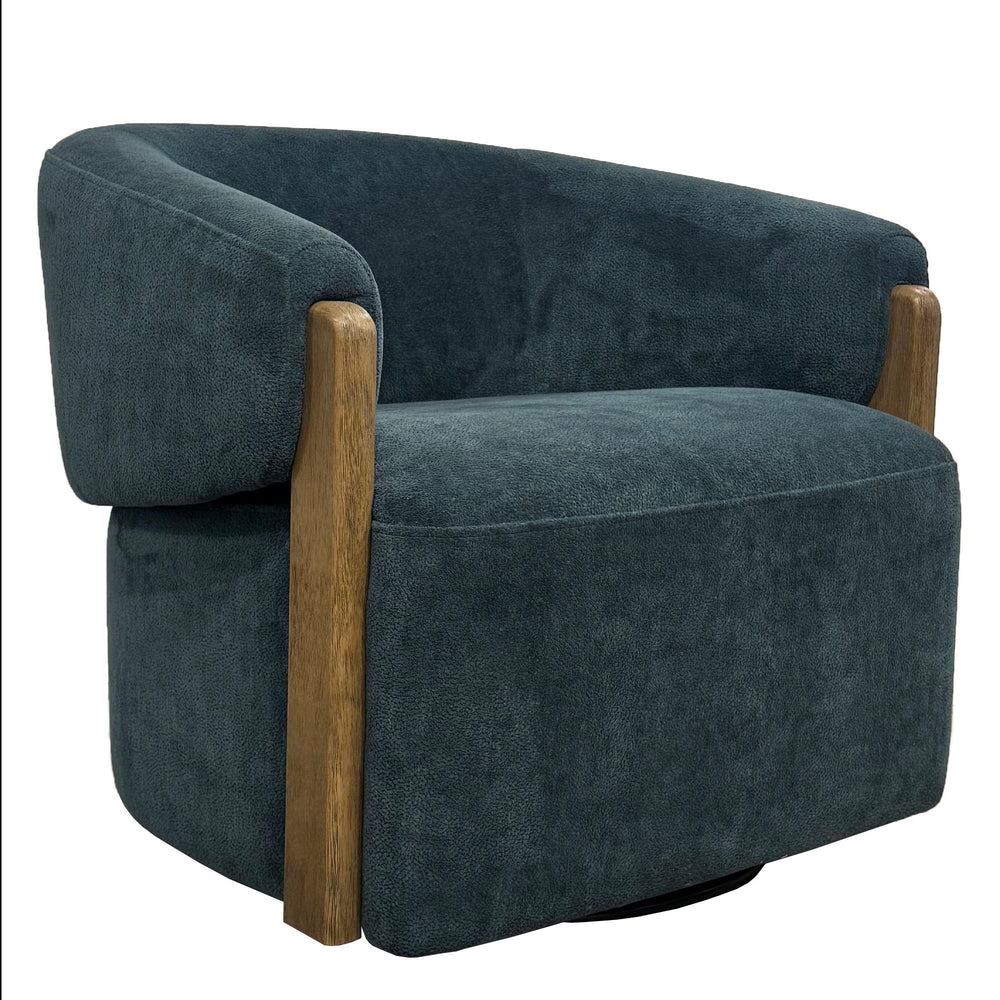 The stylish and comfortable Tatum accent chair features a 360-degree swivel for easy movement and a charcoal-finish wood surround base for a modern look. The cozy club chair design with shelter arms contains an integrated seat cushion, providing a relaxin
