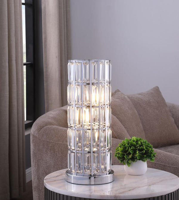  it offers glam elegance on a console or side table. Tucked within its column silhouette is space for three energy