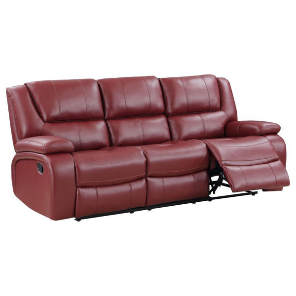 No end of elegance and classic style creates an outstanding anchor for your entertaining space with this exceptional leatherette upholstered motion sofa. Kick back in comfort to watch sports, movies, or to read, enjoying a smooth red leatherette upholster