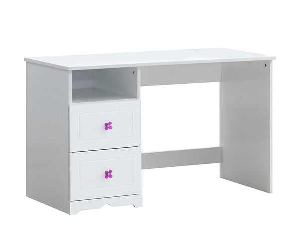 KD, Rectangular Writing Desk Storage: 1 Open Compartment, 2 Drw Drawer: KD, GLIDE) Side Metal, JOINT) Cam+Dowel, INSIDE) Felt-Lined NOT Included, Manual-Closing, Hardware: Single Floral Pull-Knob (Plastic) CONSTRUCTION] Wooden Case: Solid Wood, MDF Wooden