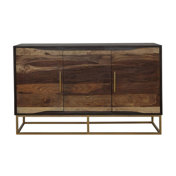  two center drawers offer additional storage space. The gold geometric base ties the enti