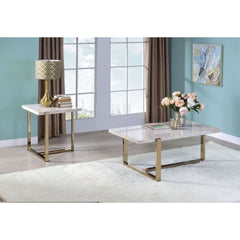 Expertly painted champagne gold -"T-" shaped base, and faux marble table tops the Feit occasional tables offer a delicate and gorgeous structure. These highly recommended tables will be a prominent furniture piece in any living room with its bright color 