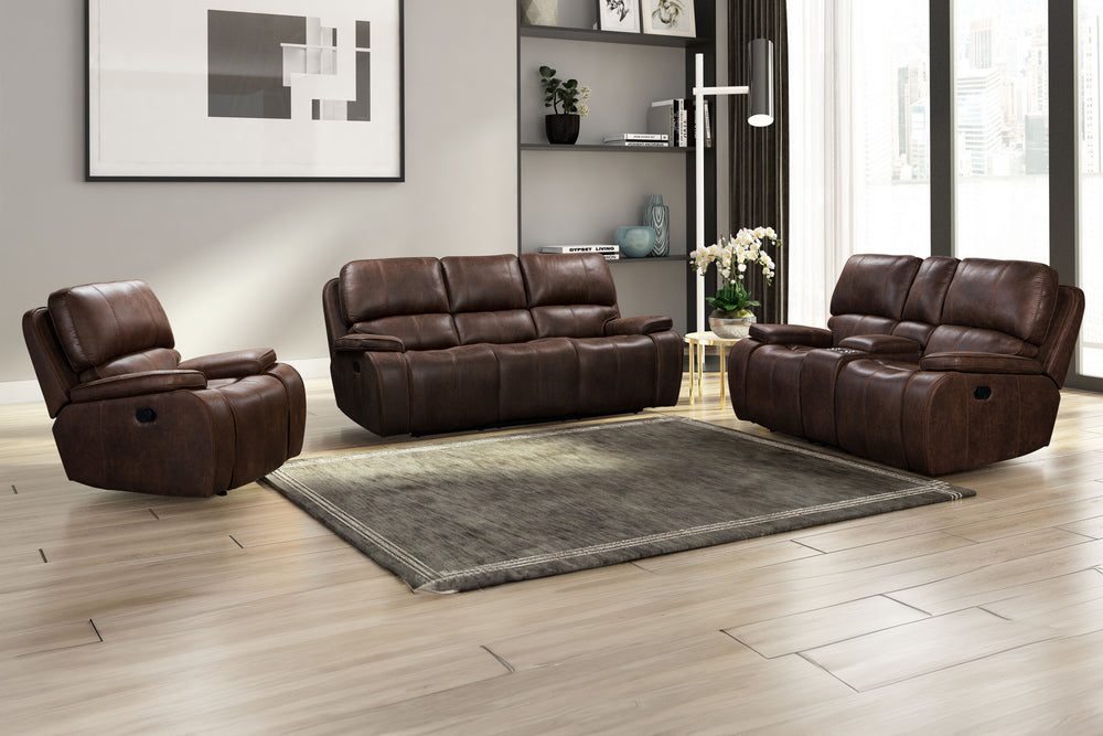 Unwind in luxury with the Brookings Glider Recliner with Power Headrest & Footrest in rustic brown. Crafted with an upholstered leather-look polyester/pu fabric, this recliner boasts the elegance of genuine leather without the hefty price tag. Tailored to