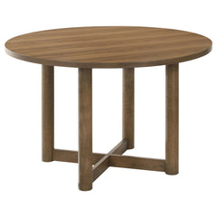 Embrace casual dining with the inviting ambiance of a modern round dining table. Crafted with a walnut finish over walnut veneer, it-'s a delightful centerpiece in a welcoming kitchen or dining room. Its round silhouette creates a unifying ambiance, perfe