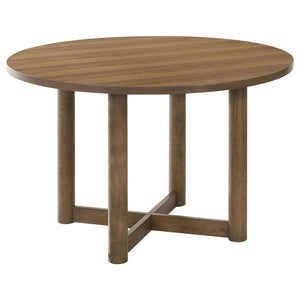 Embrace casual dining with the inviting ambiance of a modern round dining table. Crafted with a walnut finish over walnut veneer, it-'s a delightful centerpiece in a welcoming kitchen or dining room. Its round silhouette creates a unifying ambiance, perfe