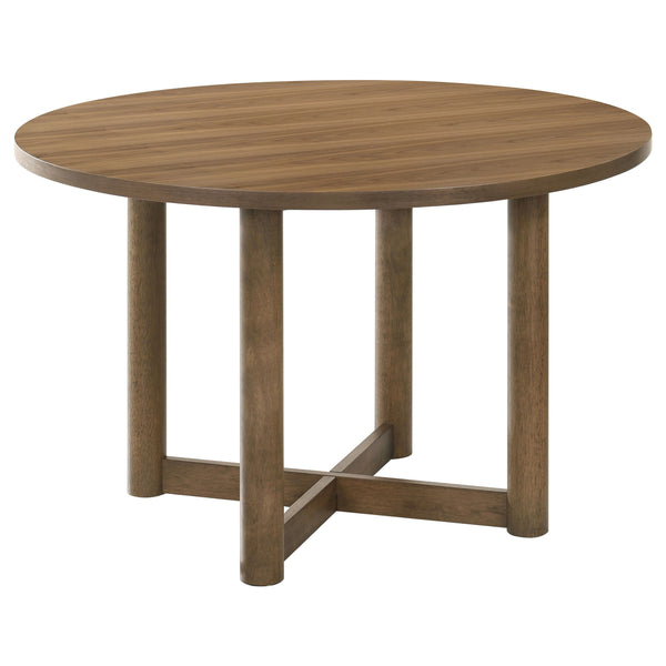 Embrace casual dining with the inviting ambiance of a modern round dining table. Crafted with a walnut finish over walnut veneer, it-'s a delightful centerpiece in a welcoming kitchen or dining room. Its round silhouette creates a unifying ambiance, perfe