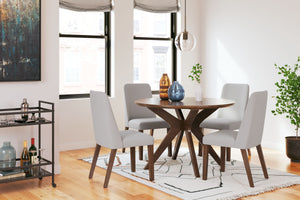 This dining set is a refreshed take on retro aesthetics. The dining table adds an air of playful simplicity to your dining space and the side chair seats invite the eye with a soft-edged silhouette cushion. This set captures the architectural language of 