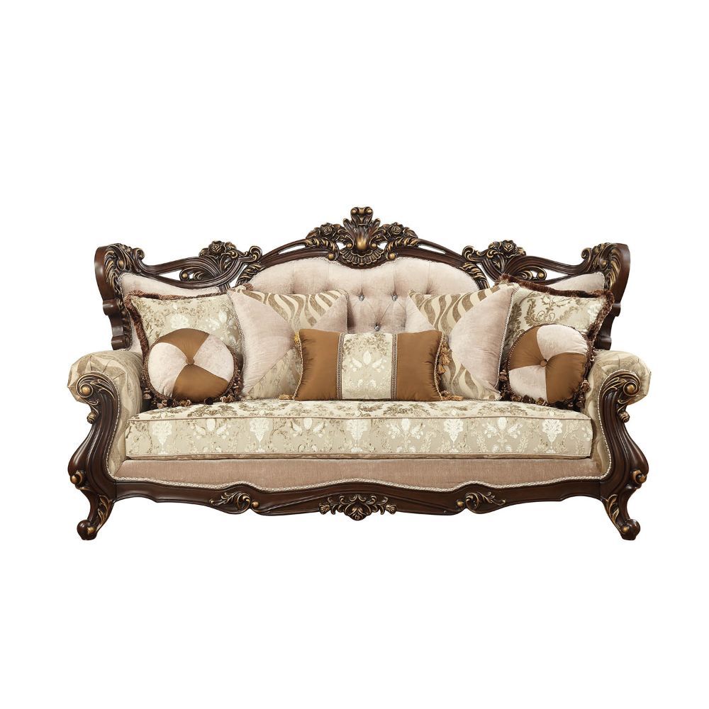 With classical palace curved wingback style, this elegant sofa set come with intricately carved solid wood frame outlines the gracefully curved rolled arms. Crystal like button tufted back, contrast shapes pillows and unique pattern fabric bring comfortab