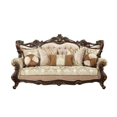 With classical palace curved wingback style, this elegant sofa set come with intricately carved solid wood frame outlines the gracefully curved rolled arms. Crystal like button tufted back, contrast shapes pillows and unique pattern fabric bring comfortab