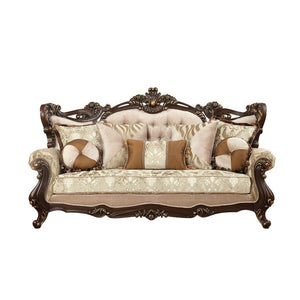 With classical palace curved wingback style, this elegant sofa set come with intricately carved solid wood frame outlines the gracefully curved rolled arms. Crystal like button tufted back, contrast shapes pillows and unique pattern fabric bring comfortab