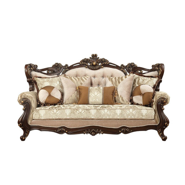 With classical palace curved wingback style, this elegant sofa set come with intricately carved solid wood frame outlines the gracefully curved rolled arms. Crystal like button tufted back, contrast shapes pillows and unique pattern fabric bring comfortab