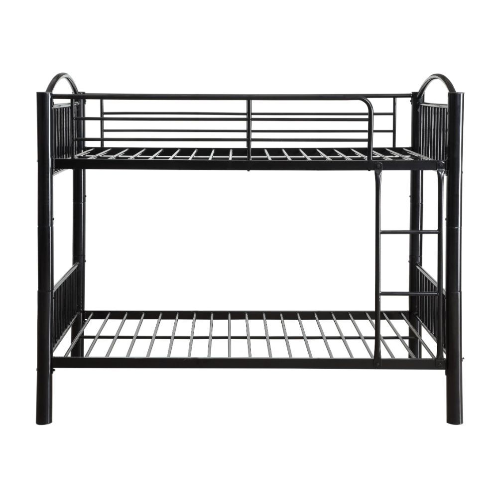 The Cayelynn twin over twin bunk bed is a great way to free up space in a kids bedroom. It is a round metal tube design and features a built in ladder to the upper twin bed that also has a guardrail. This bed is available in black and silver.<br/><br/><b>