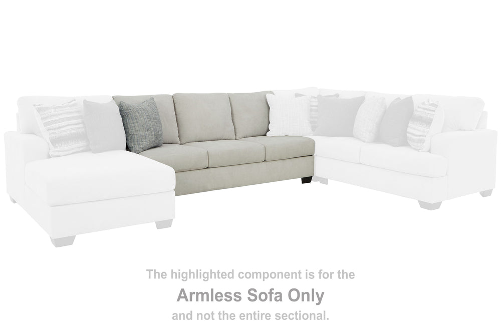 This armless sofa is made with polyester upholstery. Pairs with other items in the series to make a sectional.<br><br><b>Additional Dimensions</b><br><ul><li>Seat depth: 21-"</li><li>Seat height: 21-"</li><li>Top of cushion to top of back: 19-"</li><li>Le