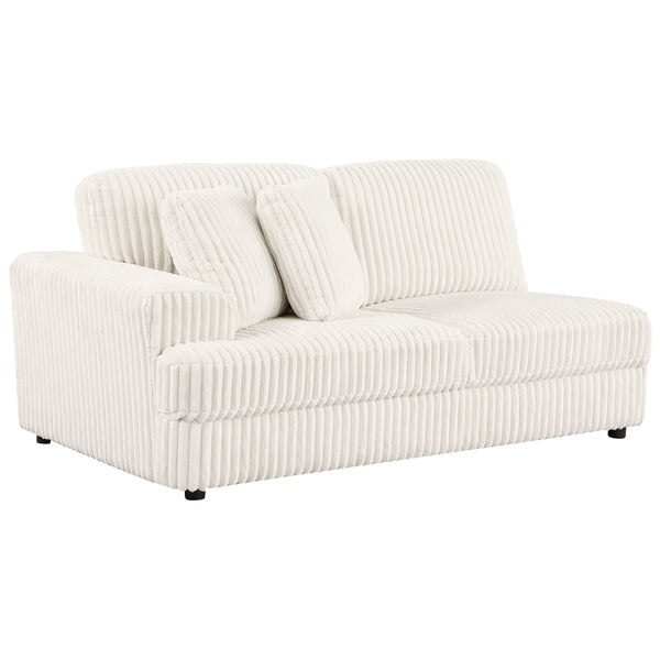 Start your sectional with the LAF loveseat, upholstered in ivory wide corduroy for a plush, fur-like texture. This piece includes two pillows for added comfort and style, making it a perfect addition to your modular setup.