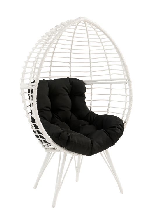 Extremely charming, comfortable, the teardrop patio chair provides an ideal place for relaxing your mind and body. The chair frame is made of white wicker that exudes a light and airy feel, with metal hairpin legs for a modern flair. The elegant teardrop-