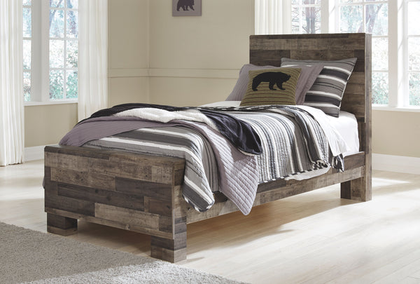 Modern yet hefty. This twin panel bed makes an urban eclectic statement. Seasoned raw wood look merges with the clean lined design we love today. Muted rustic finish over replicated pine grain maintains its authenticity for a beauteous look. Mattress and 