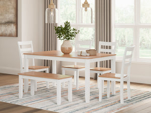  chairs and bench. A crisp white hue offers a chic contrast to the natural wood tone