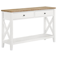 Create a finished look for a floating sofa or add welcoming flair in an entryway with this farmhouse console table. A two-tone design shows off an ash veneer table top with a wire brushed brown finish that assures natural appeal. The table base is done in