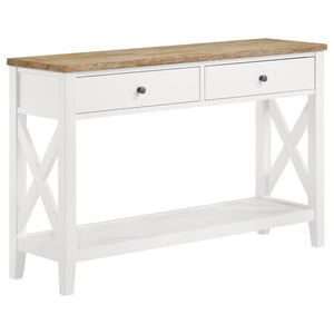 Create a finished look for a floating sofa or add welcoming flair in an entryway with this farmhouse console table. A two-tone design shows off an ash veneer table top with a wire brushed brown finish that assures natural appeal. The table base is done in