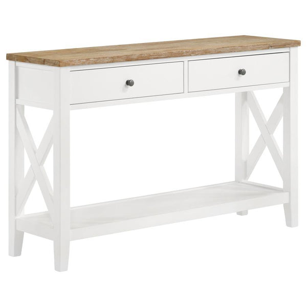 Create a finished look for a floating sofa or add welcoming flair in an entryway with this farmhouse console table. A two-tone design shows off an ash veneer table top with a wire brushed brown finish that assures natural appeal. The table base is done in