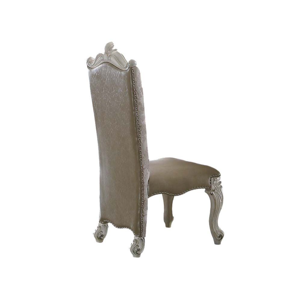 KD, Armless Chair Padded SEAT & BACK Cushion, Nailhead Trim BACKREST (Without Button): Scrolled Crown, Floral Fabric Inside and Vintage 2-Tone Brown PU Outside SEAT: Striped Fabric & Scalloped Apron Wooden Cabriole Legs w/Scrolled Motifs (Poly Resin with 