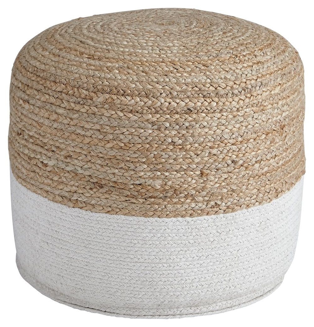 Natural beauty is always in vogue, and this pouf proves it. Braided design in natural jute hue and white is simple yet fresh. Stylish stitching and dense filling hold the look together.<br/><br/><b>Product Features</b><ul><li>Jute/cotton blend cover</li><