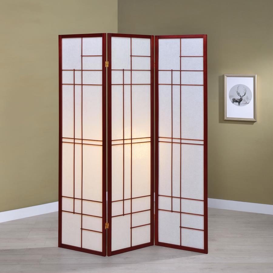 Explore a different look with this three-panel screen. Linear design accents join to create an eye-catching presence. Folded panels provide a privacy measure or a room divider. Brownish red finish frames and trim add a warm touch. Enjoy an enticing optica