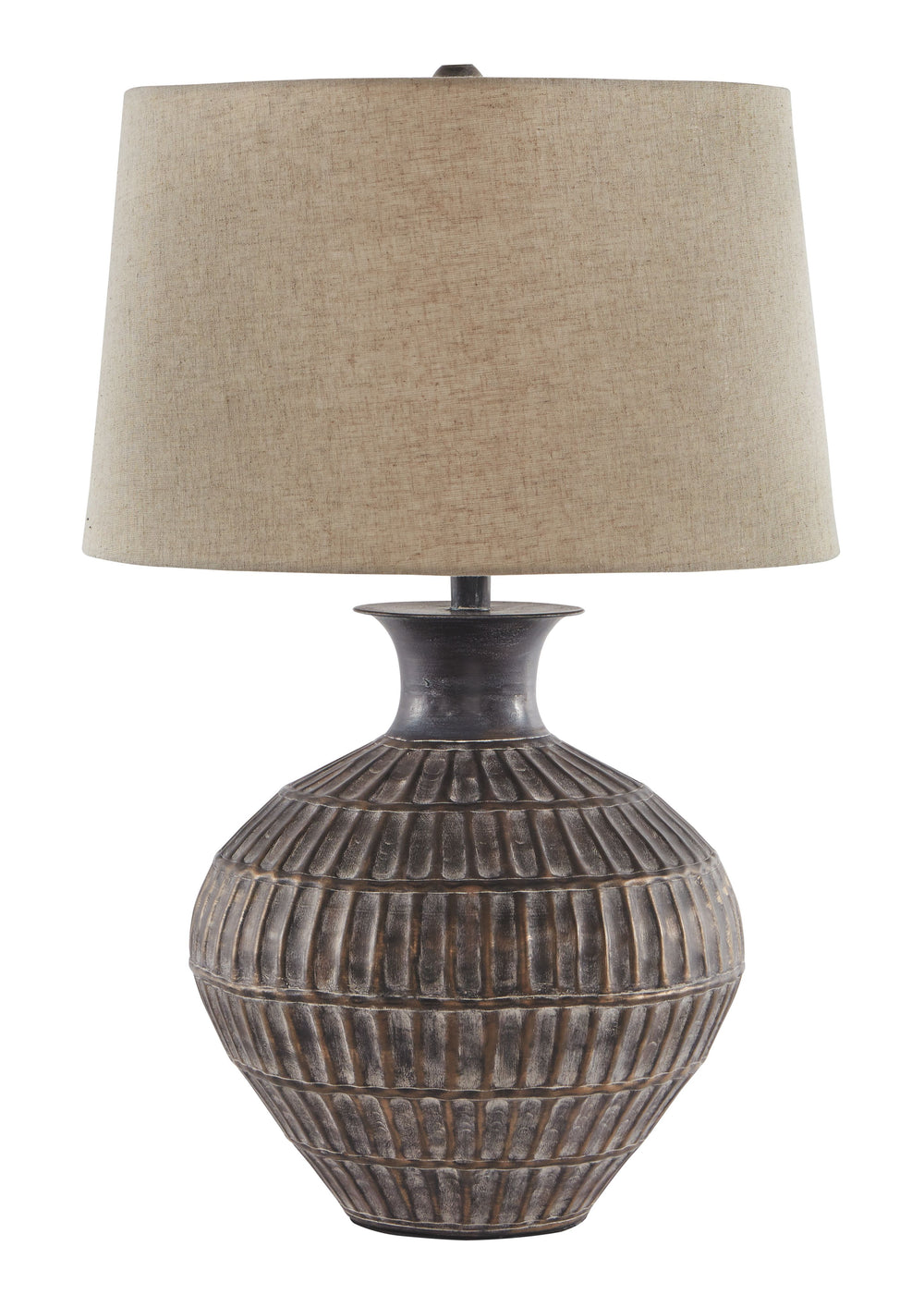With this table lamp, you can cast a well-lit glow any time of day in style. Teeming with textured metal in a wide, shapely base, the bronze-tone finish gives that pop of casual chic flair youâ€™ve been looking for.<br><br><b>Additional Dimensions</b><br>