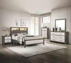 Embrace the harmonious blend of minimalist design and rustic appeal with this captivating bedroom collection. The sleek, low-profile bed is a modern take on farmhouse style, featuring a plank-style headboard with built-in lighting that adds warmth and con