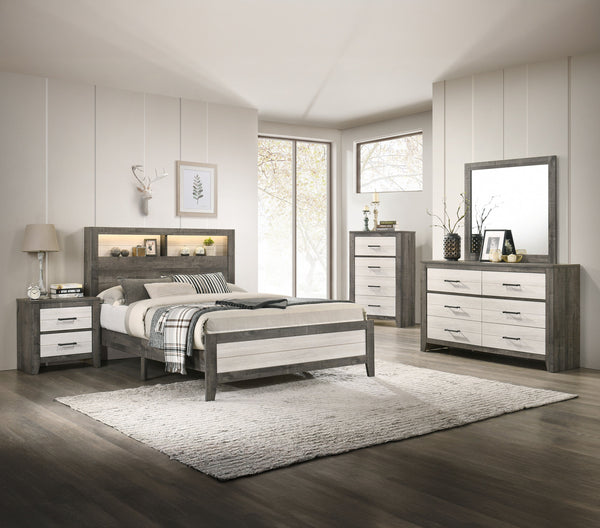 Embrace the harmonious blend of minimalist design and rustic appeal with this captivating bedroom collection. The sleek, low-profile bed is a modern take on farmhouse style, featuring a plank-style headboard with built-in lighting that adds warmth and con