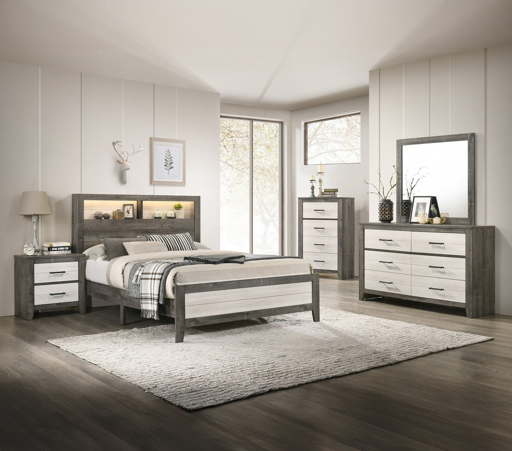 Embrace the harmonious blend of minimalist design and rustic appeal with this captivating bedroom collection. The sleek, low-profile bed is a modern take on farmhouse style, featuring a plank-style headboard with built-in lighting that adds warmth and con