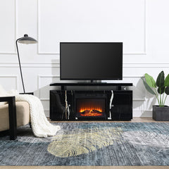 Drisana TV stand with fireplace offers a blend of contemporary luxury and practical functionality. Featuring a sleek black mirrored surface with a sophisticated marble grain design, this rectangular TV stand accommodates up to a 60-" flat panel. It includ