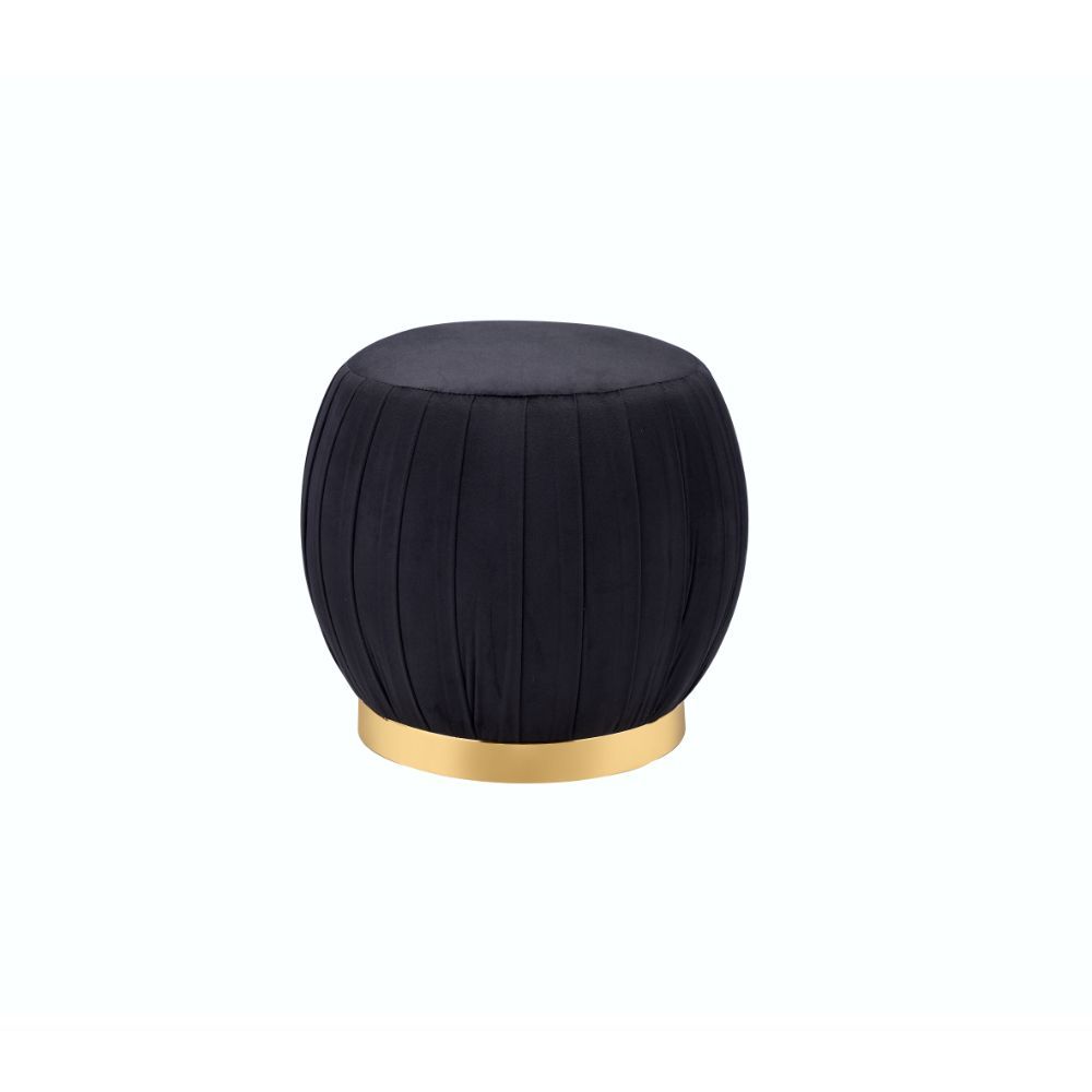Assembled, Backless Round Ottoman (NO Storage) â€¢ Fully Padded Seat: Velvet â€¢ Armless â€¢ Wooden Inner Frame â€¢ Metal Round Base: Gold Finish<br/><br/><b>Product Features</b><ul><li>Round Ottoman</li><li>Stationary Seat</li><li>Armless (Backrest)</li>