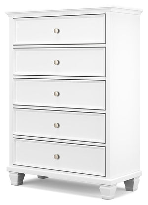  contemporary white finish with framed drawer fronts and round metal knobs. Featuring five storag