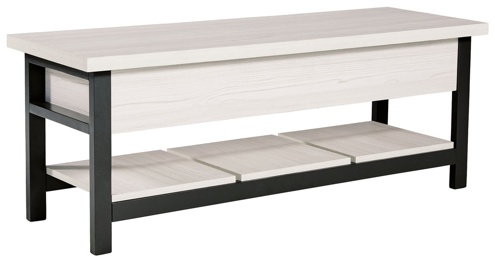 Seating with style and storageâ€”what more could you need? This storage bench has a hinged seat and plank shelf, making it the perfect multi-use piece. The white wood grain effect lends a casual touch, while the black finished legs and supports create a d