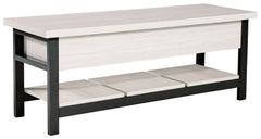 Seating with style and storageâ€”what more could you need? This storage bench has a hinged seat and plank shelf, making it the perfect multi-use piece. The white wood grain effect lends a casual touch, while the black finished legs and supports create a d