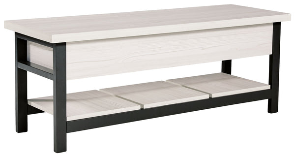 Seating with style and storageâ€”what more could you need? This storage bench has a hinged seat and plank shelf, making it the perfect multi-use piece. The white wood grain effect lends a casual touch, while the black finished legs and supports create a d