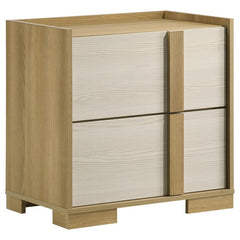 Complete your bedroom-'s modern elegance with this exquisite nightstand, perfectly designed to match your stylish bed. Inspired by contemporary Italian design, the nightstand features a sleek blend of natural wood tones and crisp white panels crafted from