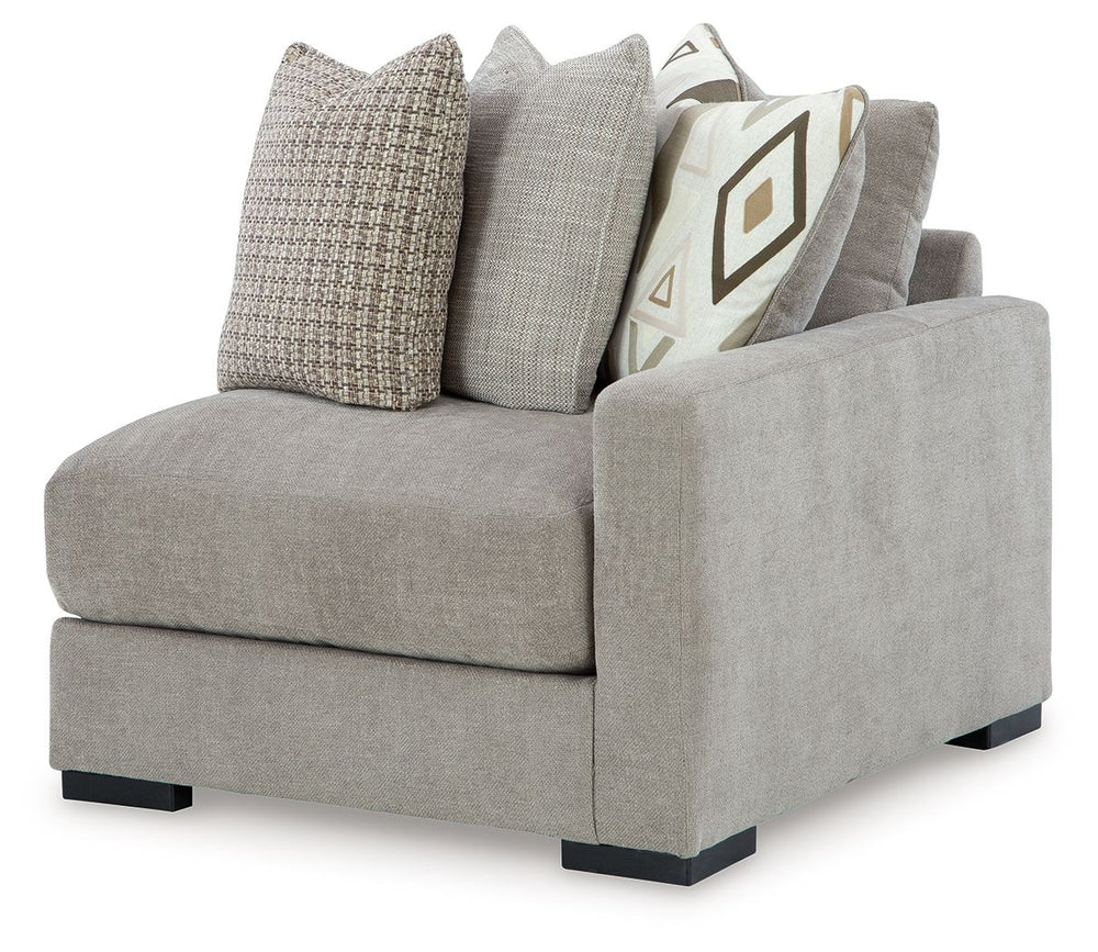 This right-arm facing corner chair is made with polyester upholstery. Fully finished on all sides, it pairs with other items in the series to make a modular sectional.<br><br><b>Additional Dimensions</b><br><ul><li>Arm height: 24-"</li><li>Seat depth: 27-