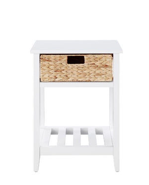  the Chinu Accent Table will coordinate your seating arrangement in coastal breezy style. It-'s wooden frame with a slatted shelf design embodies a relaxed simplicity. A woven basket gives it a natural surface texture that f