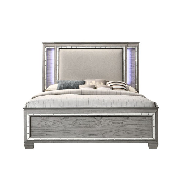 If you are looking for nobility with a touch of modern sophistication, the Antares bedroom collection has it. From the upholstered headboard with beveled mirror trim accented by led lighting to the light oak finished wood construction, this set is magnifi
