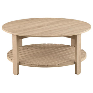  it features a natural finish and subtle wood grain texture. The round tabletop offers 