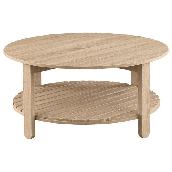  it features a natural finish and subtle wood grain texture. The round tabletop offers 