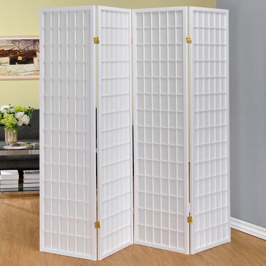 Fresh modern style brings a fun and functional addition to any space. Make this folding screen a staple in a modern living area or a commercial venue in need of privacy screens. With a linear grid design, it reflects a contemporary motif. Four hinged scre