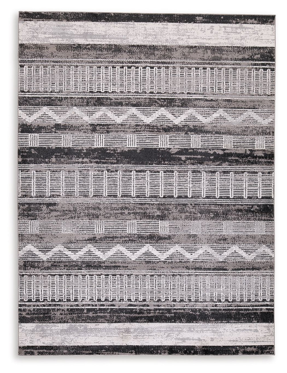 Drawing on tribal weaving motifs, this area rug features a repeating pattern with several unique markings. Its distressed design and neutral palette provide a distinctive look and feel for a variety of interiors, from contemporary to boho chic. Whether in