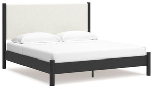 This king upholstered panel bed reflects your sophisticated approach to boho style. Crafted with both form and function in mind, its fresh white fabric beautifully contrasts the matte black finish. The versatile design suits all-neutral spaces or blends w