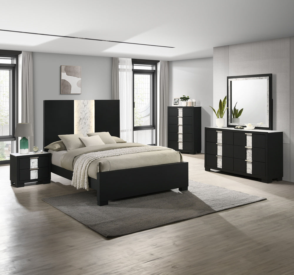This bedroom set epitomizes modern luxury with its bold, black finish and striking contrast detailing. The bedâ€™s commanding headboard features a chic marble-like accent and integrated lighting, creating an opulent focal point in the room. Complementary 