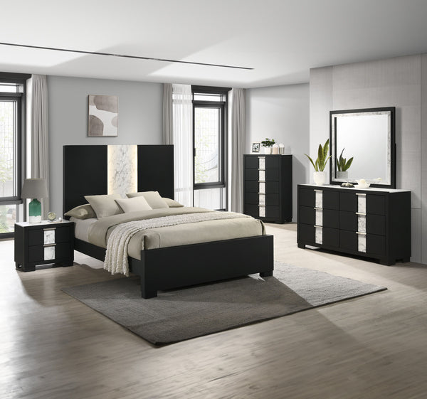 This bedroom set epitomizes modern luxury with its bold, black finish and striking contrast detailing. The bedâ€™s commanding headboard features a chic marble-like accent and integrated lighting, creating an opulent focal point in the room. Complementary 