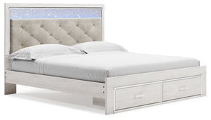 The epitome of fashion-forward design, this king upholstered storage bed is a beautiful blend of comfort and luxury. Shiny chrome-tone accents, a pearlized finish and button-tufted upholstery bring a glam touch to the richly rustic appearance. Remote-cont