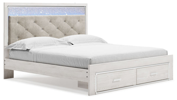 The epitome of fashion-forward design, this king upholstered storage bed is a beautiful blend of comfort and luxury. Shiny chrome-tone accents, a pearlized finish and button-tufted upholstery bring a glam touch to the richly rustic appearance. Remote-cont